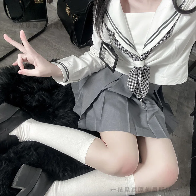 Studenten Kansai Kragen japanische JK Uniform Ses Frühling Sommer Plaid Schal Matrosen anzug grau Falten rock Frauen College-Stil Anzug