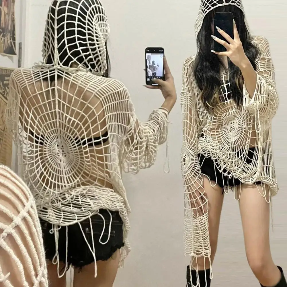 Loose Knitted Sweater with Spider Web Design Tassel Hem Hollow Pullover Hooded Long Sleeve Sweater Coat