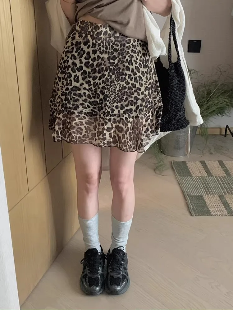 Retro American Hot Girl Leopard Print Half Skirt Women's Summer Thin Design Sensation Slimming Mesh A-Line Short Skirt