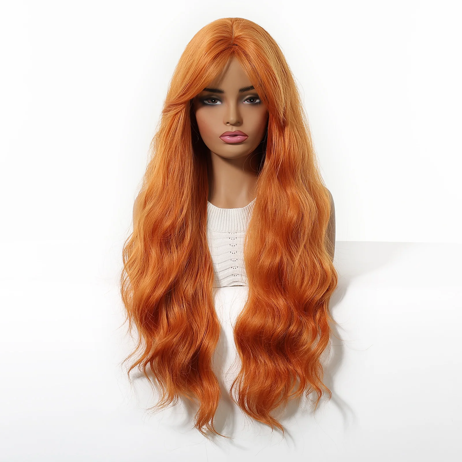 EASIHAIR 긴 물결 모양의 오렌지 합성 가발 여성용 오렌지 컬리 코스프레 가발 앞머리가 있는 자연 머리 크리스마스 축제 가발