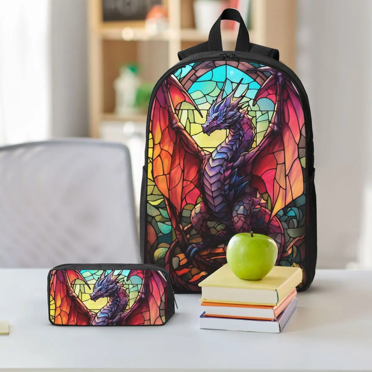 Vibrant Dragon Glass Art Backpack Boys Girls BookBag School Bag Shoulder Bags 3ps Insulated Lunch Bag Pencil Case