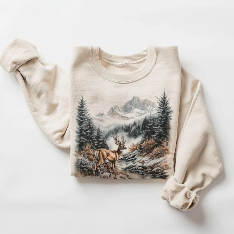 Retro Whitetail Buck Deer Winter Mountain Scene Sweatshirt Nineties 90s Vintage Deer Nature Lover Outfit Funny Women Clothing