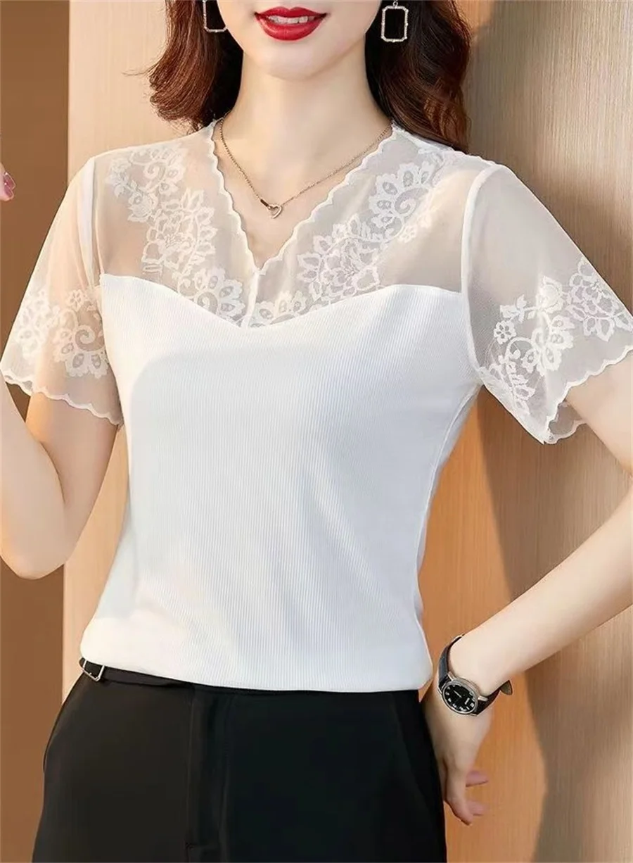 Women Summer Style Lace Blouses Shirts Lady Casual Short Sleeve Hollow-out Stand Collar Embroidery Lace Blusas Tops DF4910