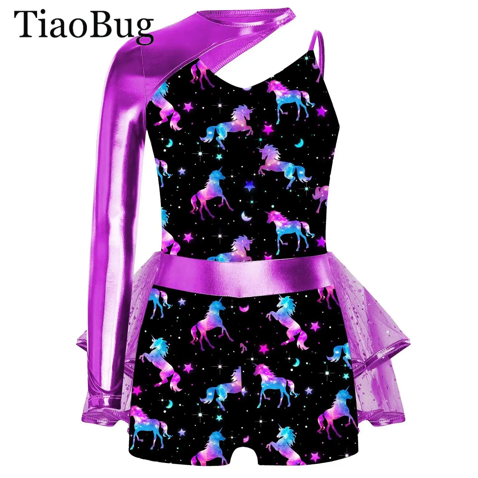 

Teen Girls Gymnastics Leotards Ice Skating Jumpsuit One Shoulder Single Long Sleeve Sequin Mesh Athletic Ballet Bodysuit Workout