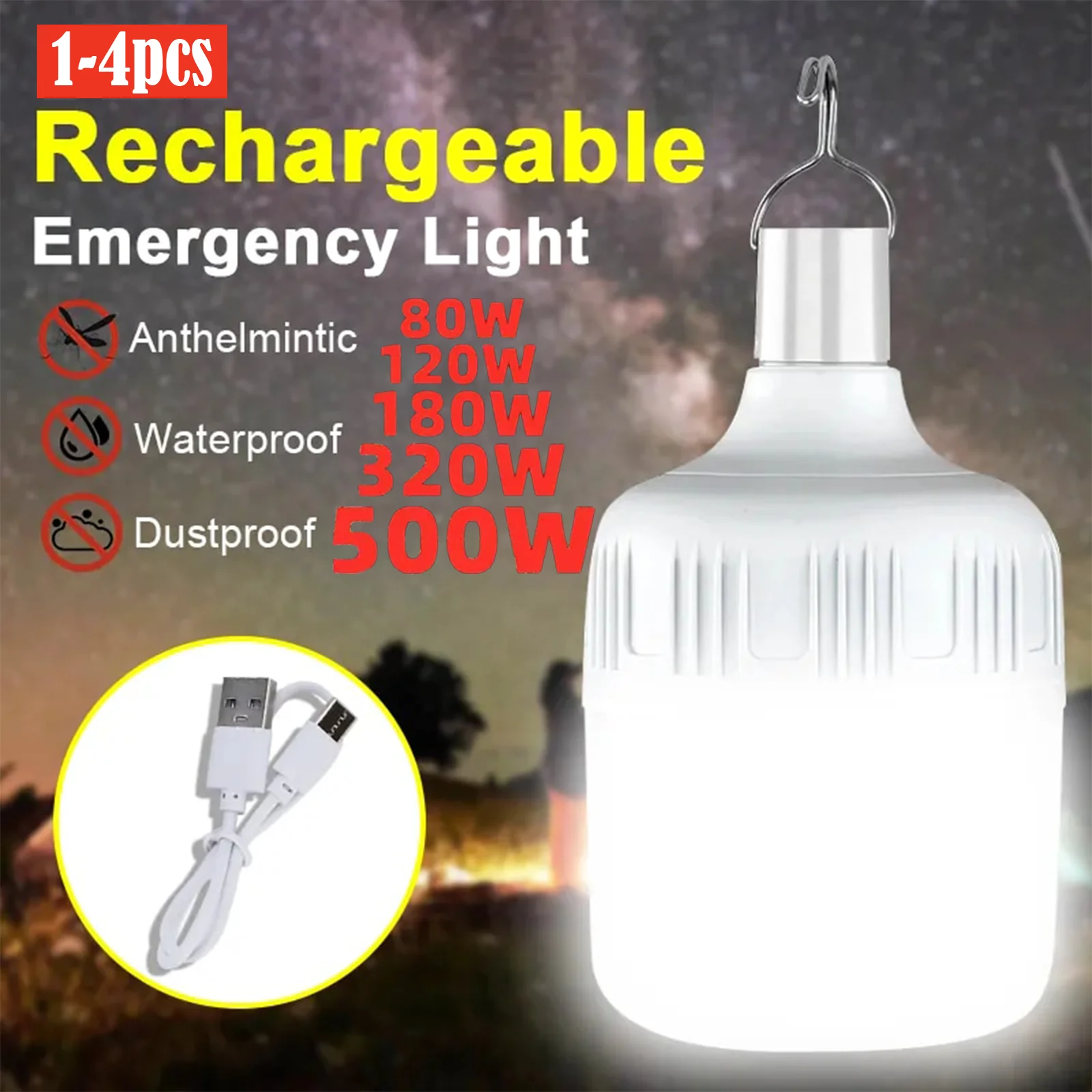 USB 충전식 LED 비상 조명, 야외 휴대용 랜턴, 비상 램프, 배터리 전구, 바베큐 캠핑 조명, 1-4 개 