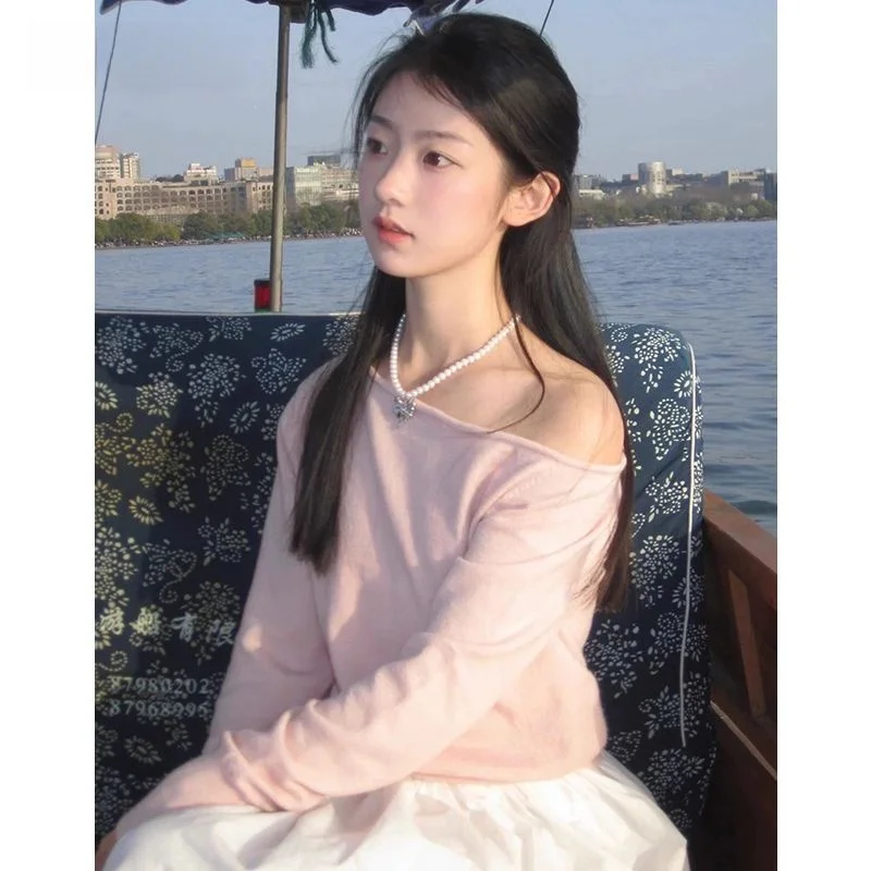 Sli Abnehmen Süße Pure Desire oulder Bared Schräg Kragen Strickwaren frauen Herbst Winter Lange Sve Basis Schicht Top trendy