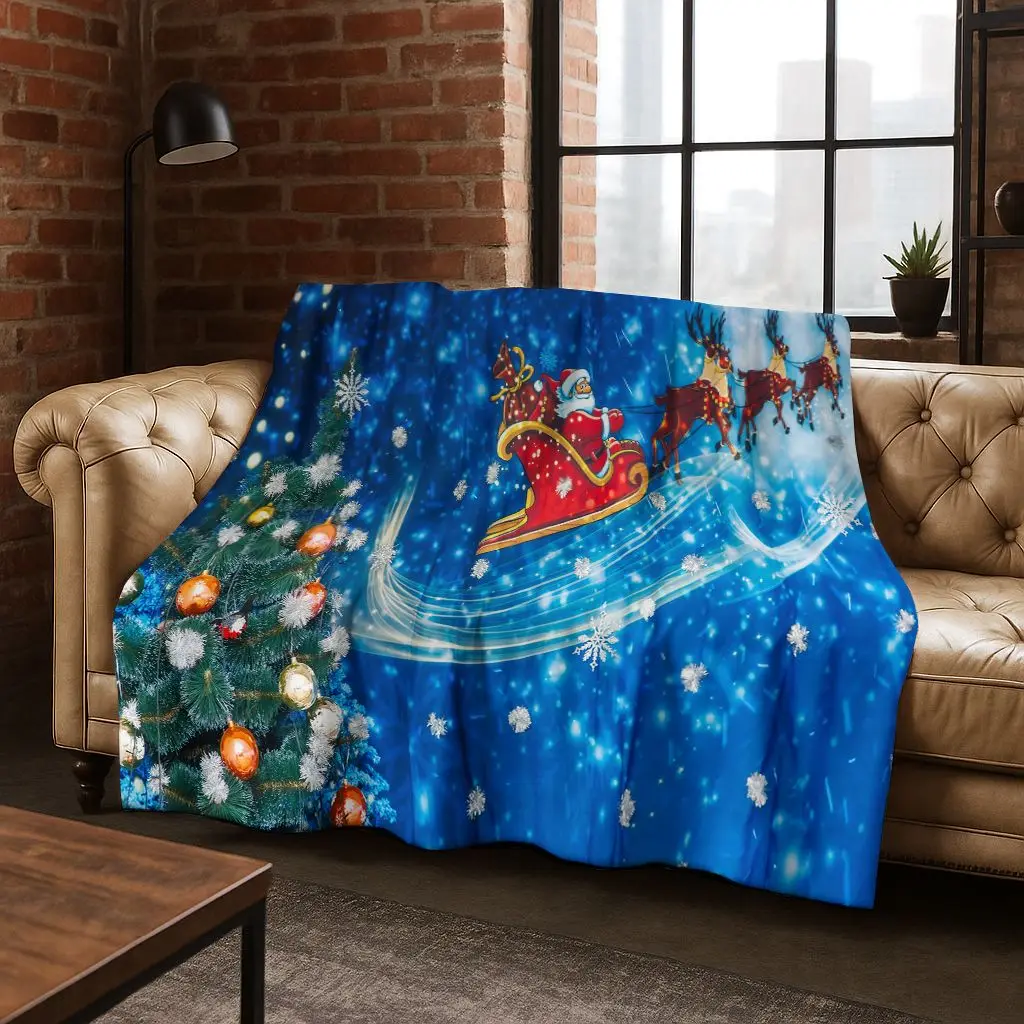 3D Merry Christmas Tree Santa Claus Cartoon Flannel Soft Warm Throw Blanket for Bedroom Living Room Bed Camping Picnic Gift