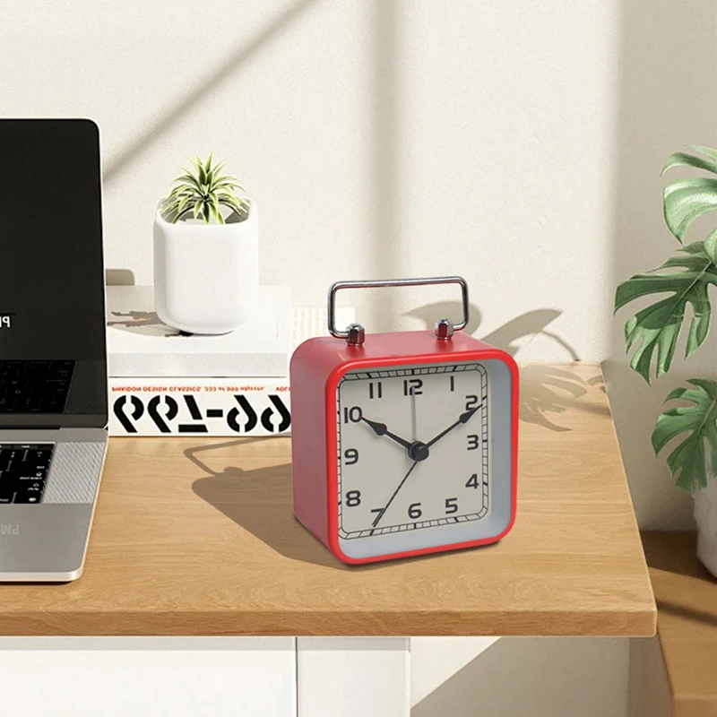 Small Metal Square Alarm Clock Desktop Silent Clock Students Sleep Quartz Watch Clock Red-ABAM