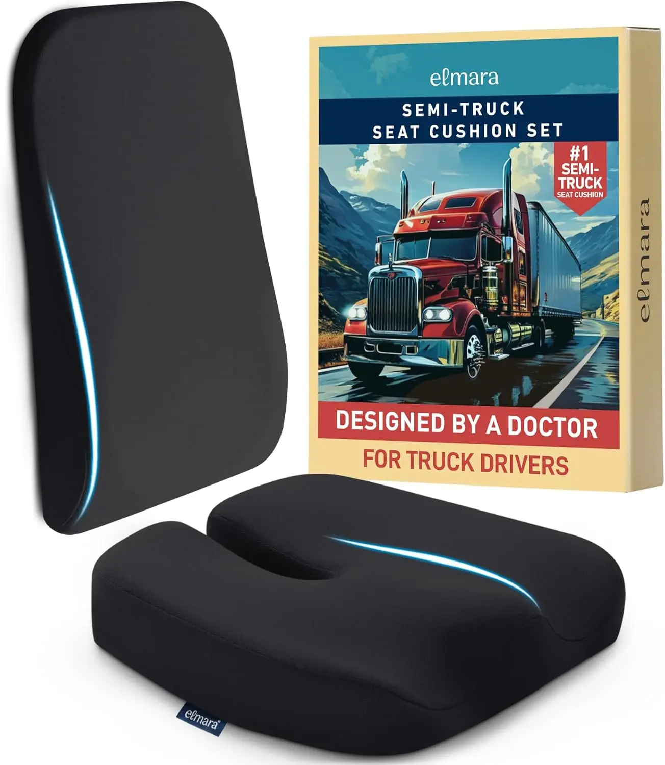 

Semi-Truck Seat Cushion for Long-Haul Drivers - Doctor-Designed, Ergonomic, 2-Piece Set, Black