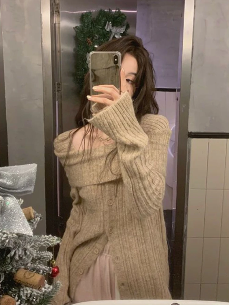 Deeptown Gyaru Y2K Off Shoulder Sweater Women Korean Elegant Slim Knitted Jumper Harajuku Casual Knitwear Tops Old Money Style