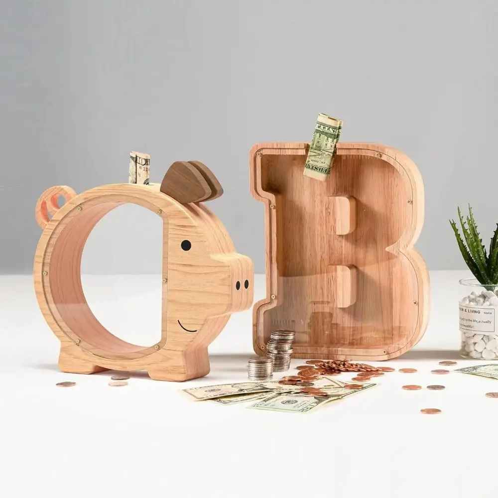 

Creative Unbreakable Wooden Piggy Bank Cute Pig Shape Large Capacity Clear Change Box Transparent Reusable Money Container Coins