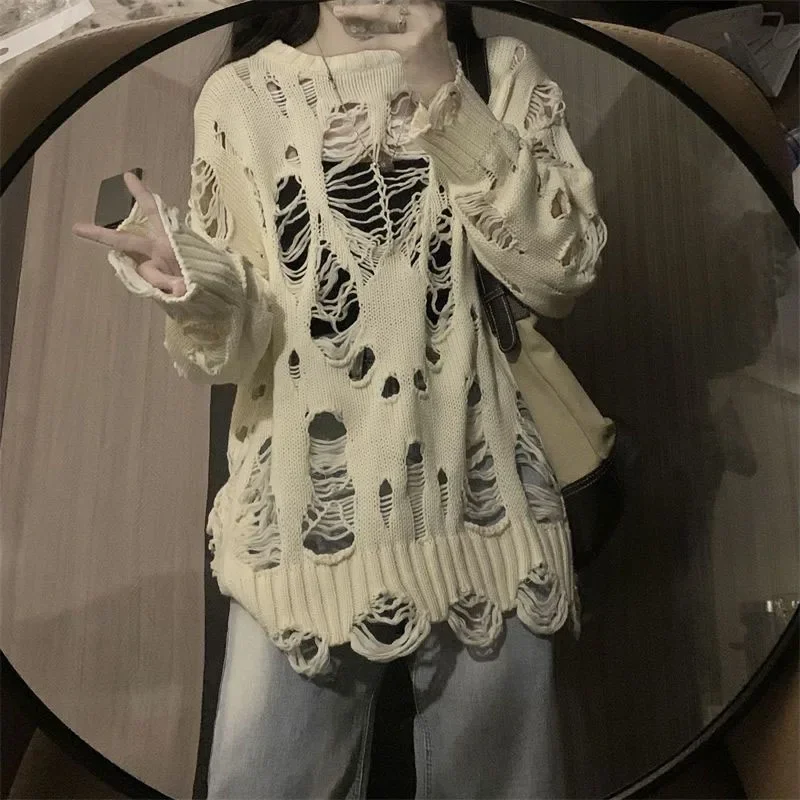 Y2K Hole Hollow Out Sweaters Women Harajuku High Street Loose Knitted Pullovers Woman 2024 Spring Summer Thin Sweater Tops