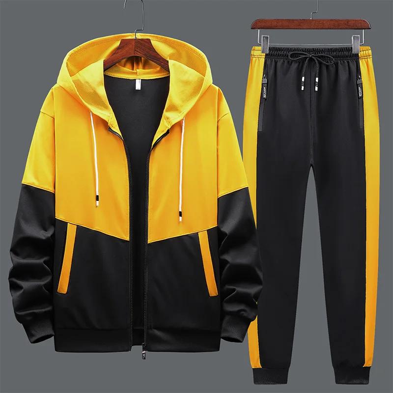 2023 Spring and Autumn Men\'s Tracksuit Leisure Sports Suit Hooded Long-Sleeved Coat Jacket + Bunched Foot Trousers Two-Piece Set