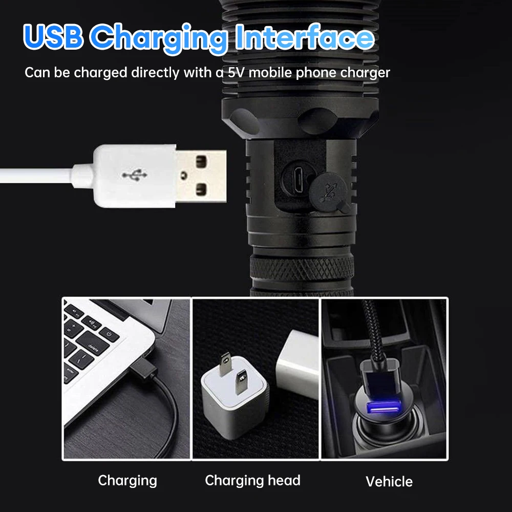 Linterna LED de alta potencia y fuerte 25000000 Linterna táctica LM, recargable por USB, para acampar, pescar, emergencia, Zoom