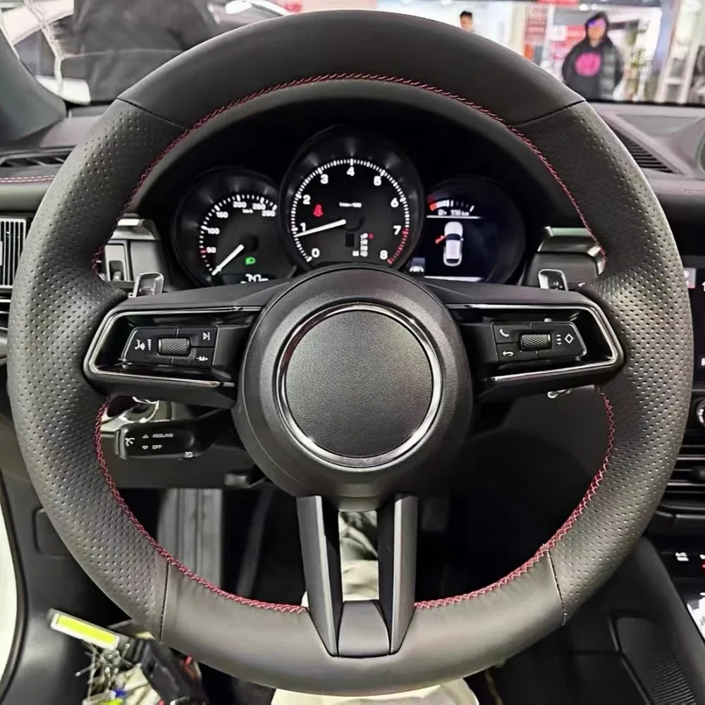Black Car Steering Wheel Cover Genuine Leather Smooth And Durable For Porsche Cayenne Panamera Macan 911 718 Auto Accessories