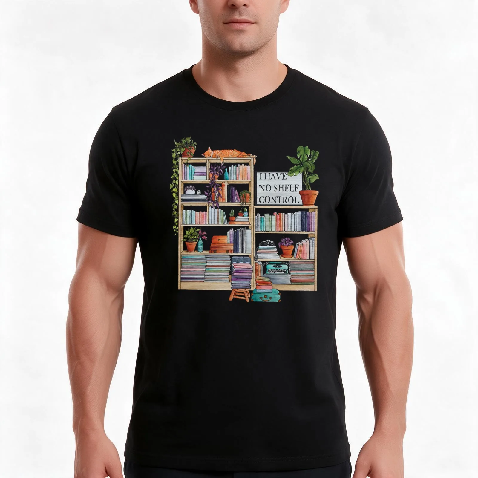 Watercolor bookshelf I have no shelf control T-Shirt, Summer Casual Cotton Tee, Oversized Streetwear Tops, Vintage Graphic Print