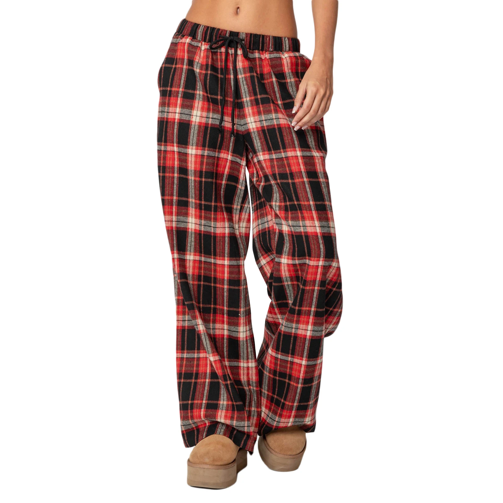 

Spring Women's Casual Trousers Classic Plaid Print Elastic Waist Loose Wide Leg Pants Lounge Pants