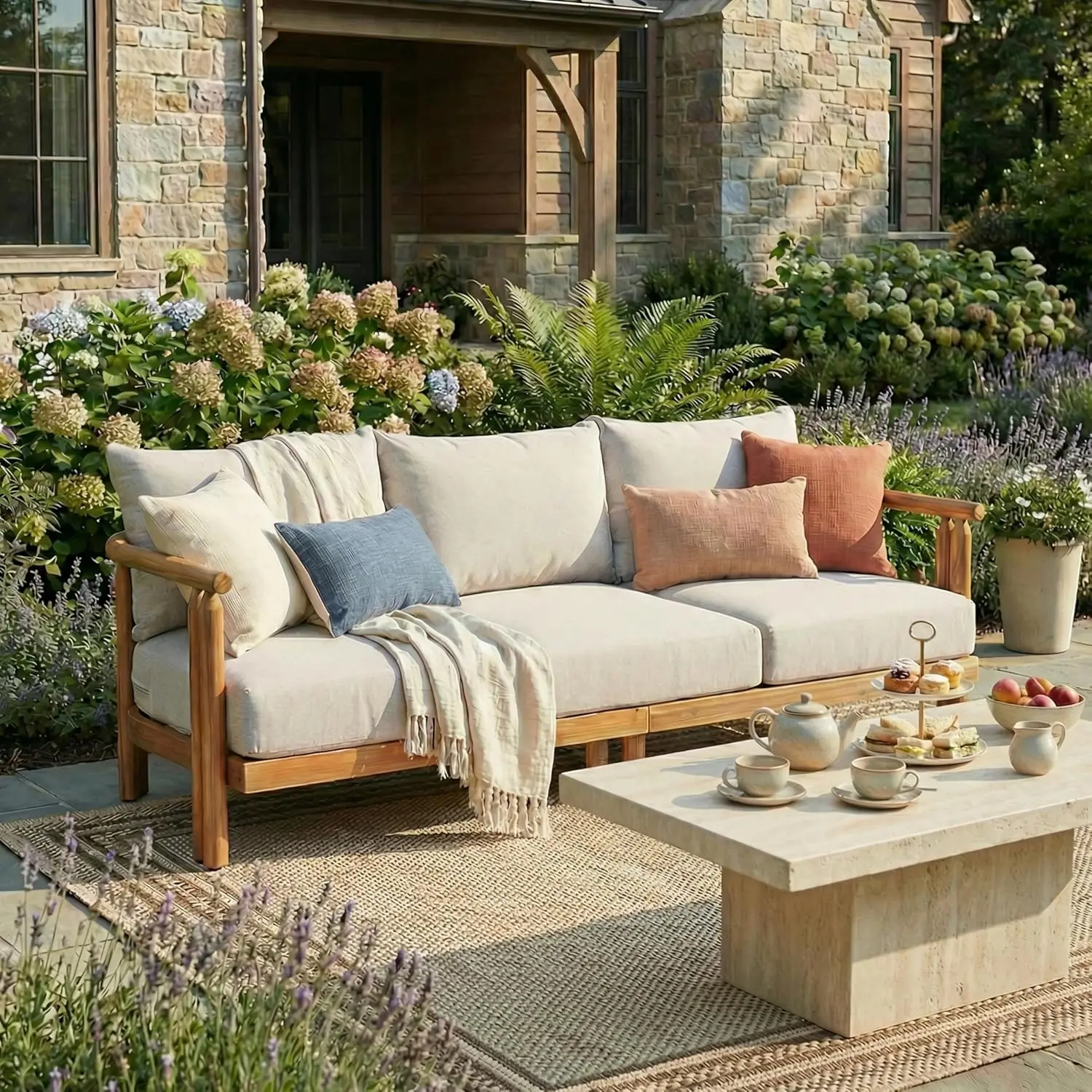 Acacia Wood 3-Seater Outdoor Sofa Curved Lounge Seating Backyard Garden Patio 74'' Teak Beige, Custom