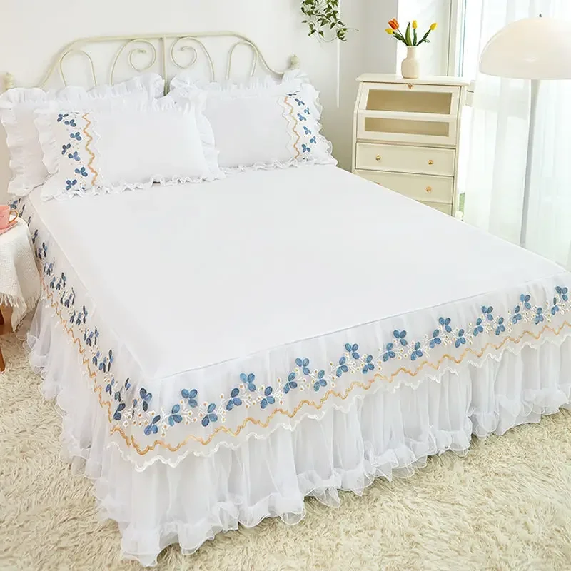 

Lace Lotus Leaf Lace Bed Skirts Princess Style Solid Color White Pink Bedspread Bed Cover Non-Slip Sheets Without Pillowcase