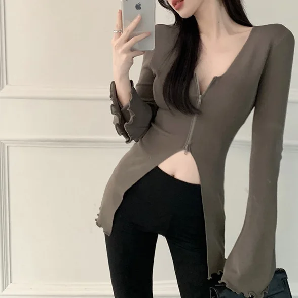 7000 الخريف الشتاء مثير فتاة الساخنة الخامس الرقبة مزدوجة سستة سليم صالح تكدرت متوهج كم سترة أعلى #1