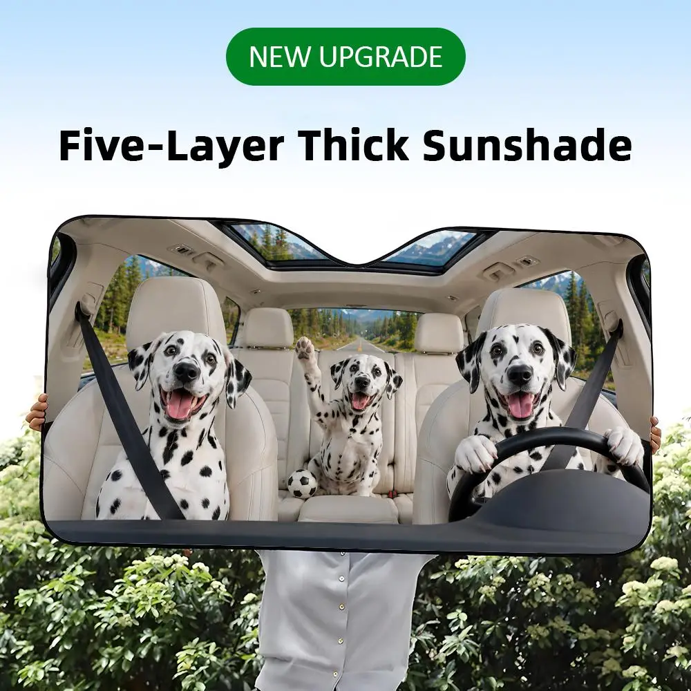 A five-layer thick car windshield sunshade with a funny graphic print of Dalmatian dogs throwing a soccer party.