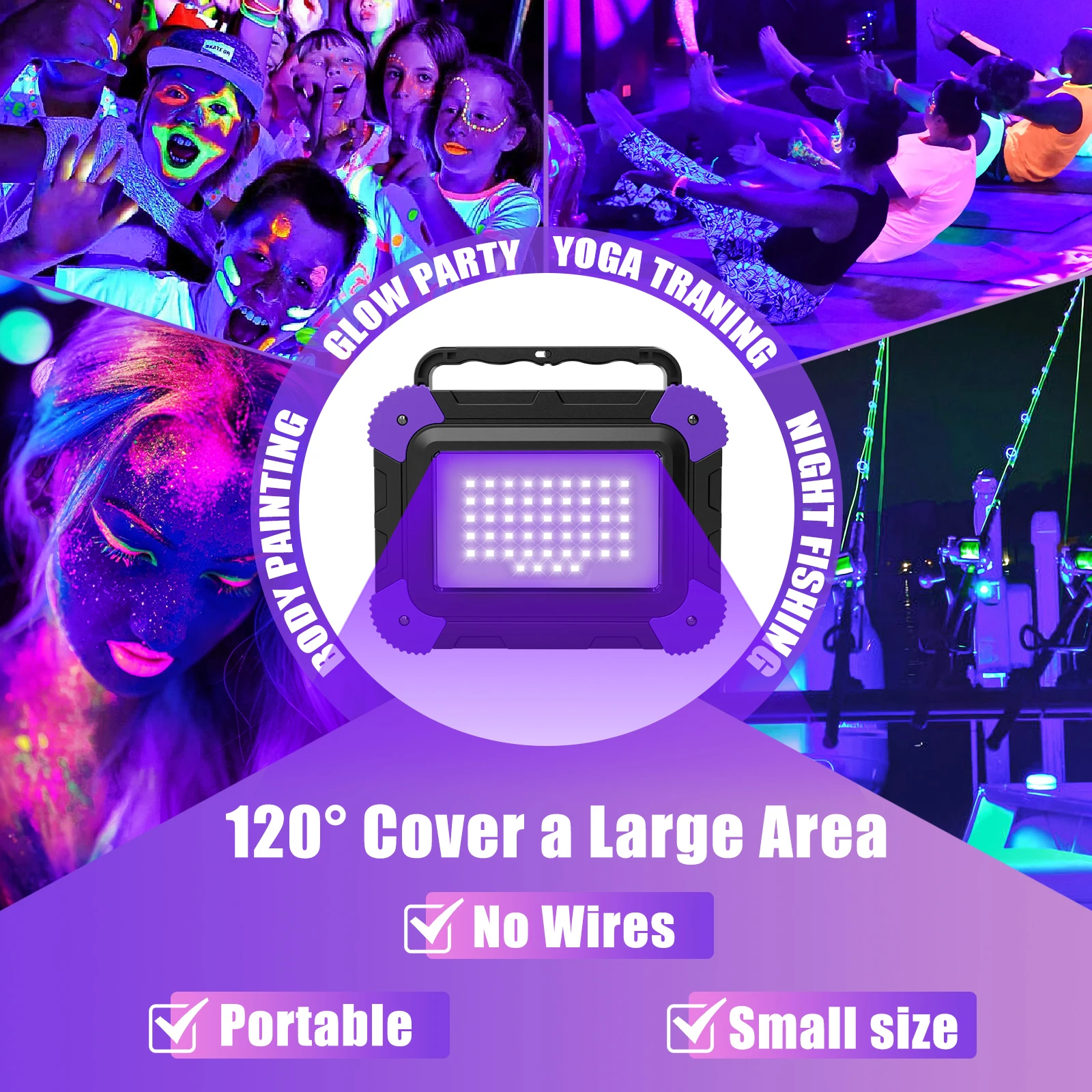 Rechargeable Black Lights 400-405nm Ultraviolet UV Flood Light LED Black Lights Work Light for Halloween Xmas Dance DJ Disco