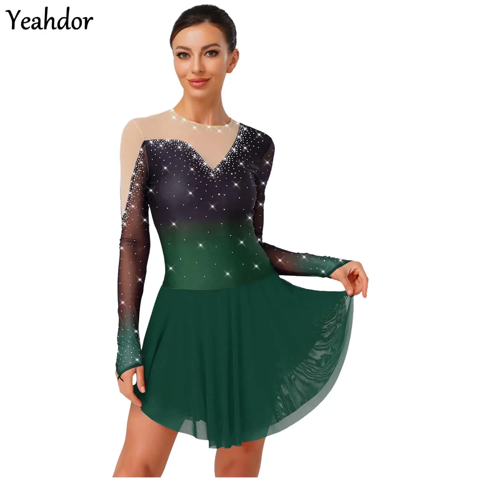 Women Gymnastics Ballet Leotards Dress Glitter Waltz Artistic Figure Skating Costume Irregular Mesh Modern Lyrical Dance Dress