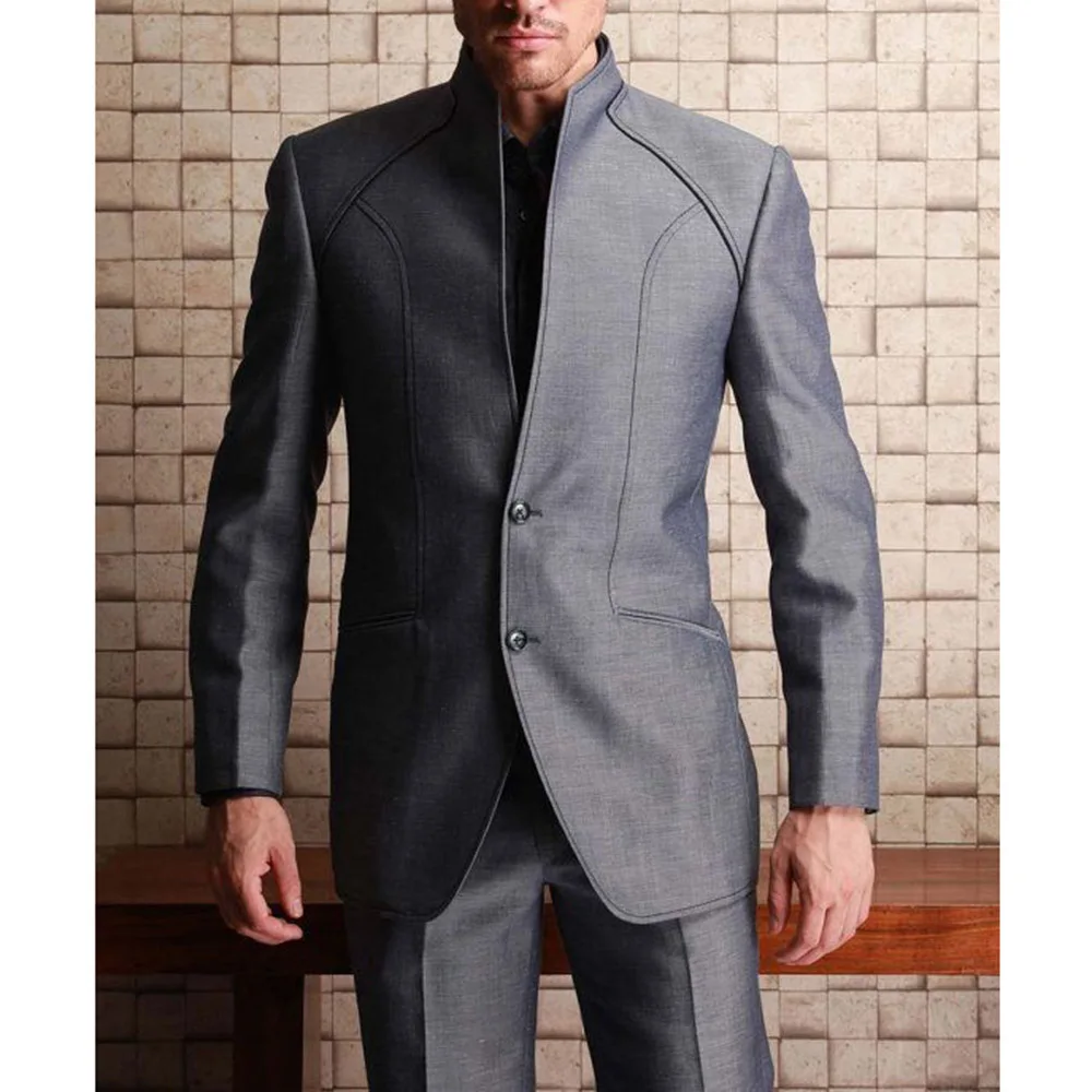 New Fashion Men Suits Grey Chic Stand Collar Single Breasted Male Blazer with Pants Sets Casual Daily Wedding Guest 2 Pieces Set