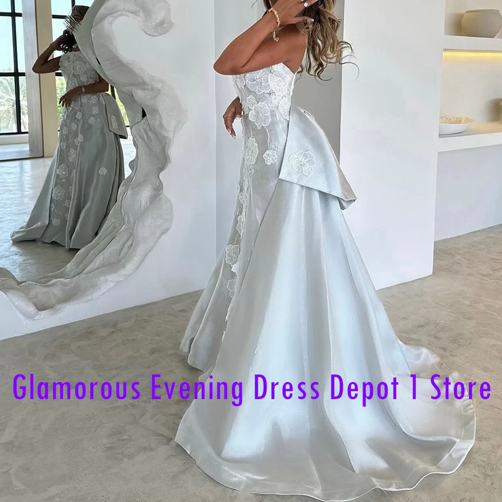 Customized Elegant Appliques Bow Satin Evening Dresses Exquisite A-Line Floor Length Strapless Sleeveless Special Occasion Gowns