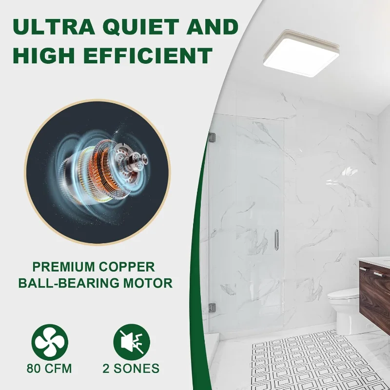 مروحة عادم الحمام Akicon مع ضوء، مروحة عادم 80CFM 2.0 لسقف الحمام، أضواء دش LED 3CCT قابلة للتعتيم بقدرة 15 وات