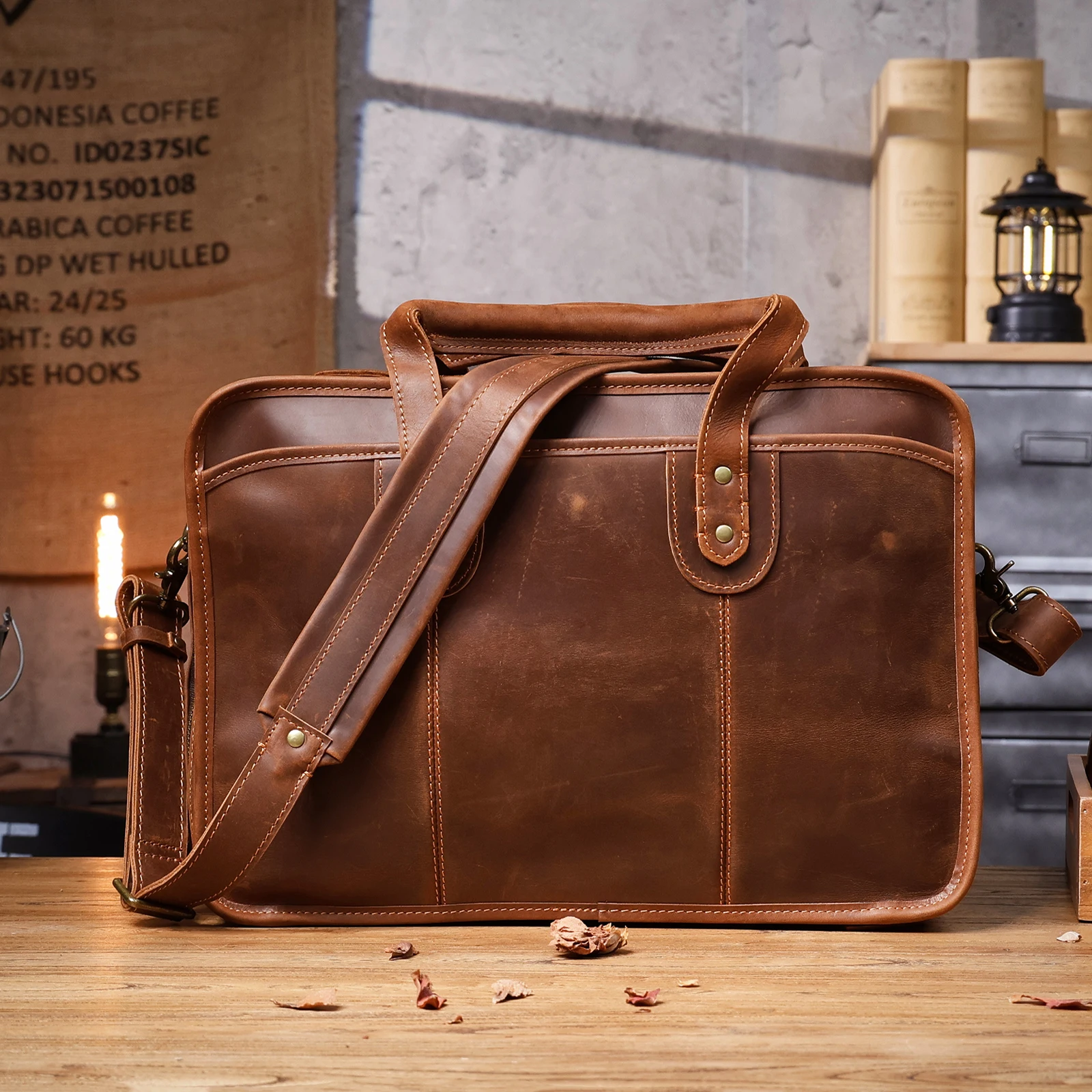 S.WORKER Neues Design Vintage Echtleder Herren-Aktentasche Laptop-Tasche Große Kapazität Rindsleder Business-Tragetasche Handtasche für Männer – Detail 9