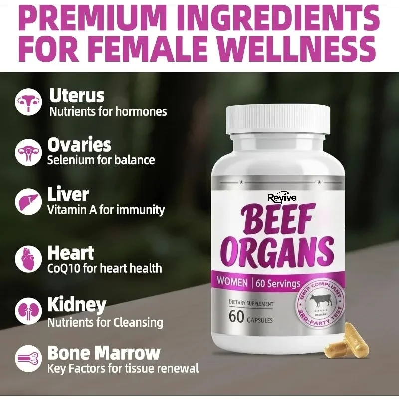 Female Beef Organ Supplement Capsules Grass Fed Bone Marrow Energy and Health Support 60 Capsules
