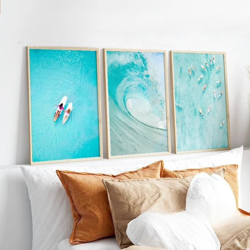 3PCS  Frameless,3Pcs Aerial Beach Surf Wall Art, Turquoise Ocean Wave Surfer Canvas Prints, Wall Arts, Minimalist Home Decor & S
