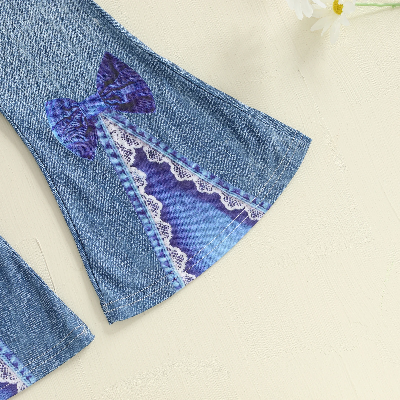 2-7Y Little Toddler Girl Summer Outfit Butterfly Pattern Crew Neck Short Sleeve T-Shirt and Denim Bell Bottoms 2 Pcs Set