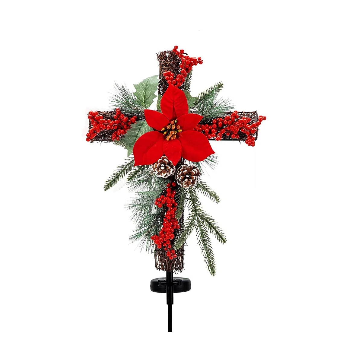 Christmas Stake, Solar Powered with Fairy Lights, Metal , Natural Rattan, Red Poinsettia & Berries