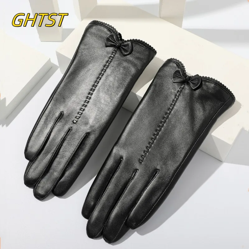 Genuine Sheepskin Leather Gloves Bow Light luxury Warm Touchscreen Driving Cycling Ladies Fashion Accessories High-Quality