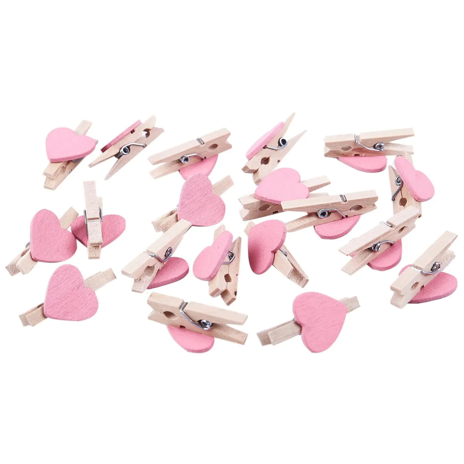 QWE-Mini Love Heart Shape Wooden Clips Message Photo Holder Album Card Paper Pegs Decor Photography - Pink 20 Pcs
