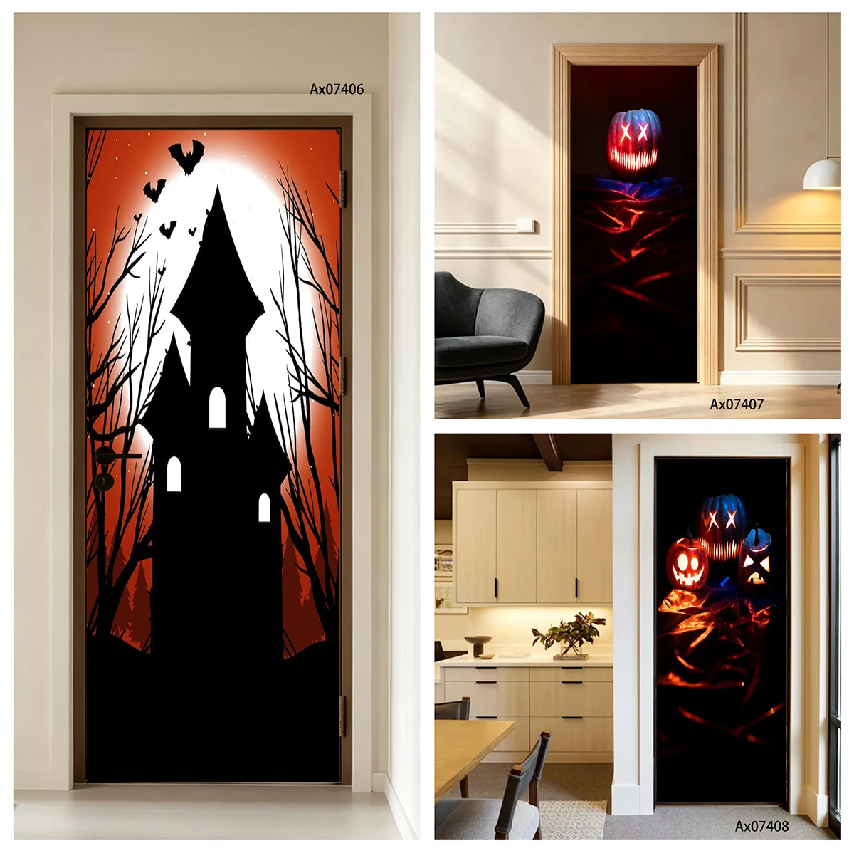 Door Decal Waterproof Removable Halloween Grim Reaper Scythe Spooky Tree Silhouette Sticker Home Entry Door Decor Self Adhesive