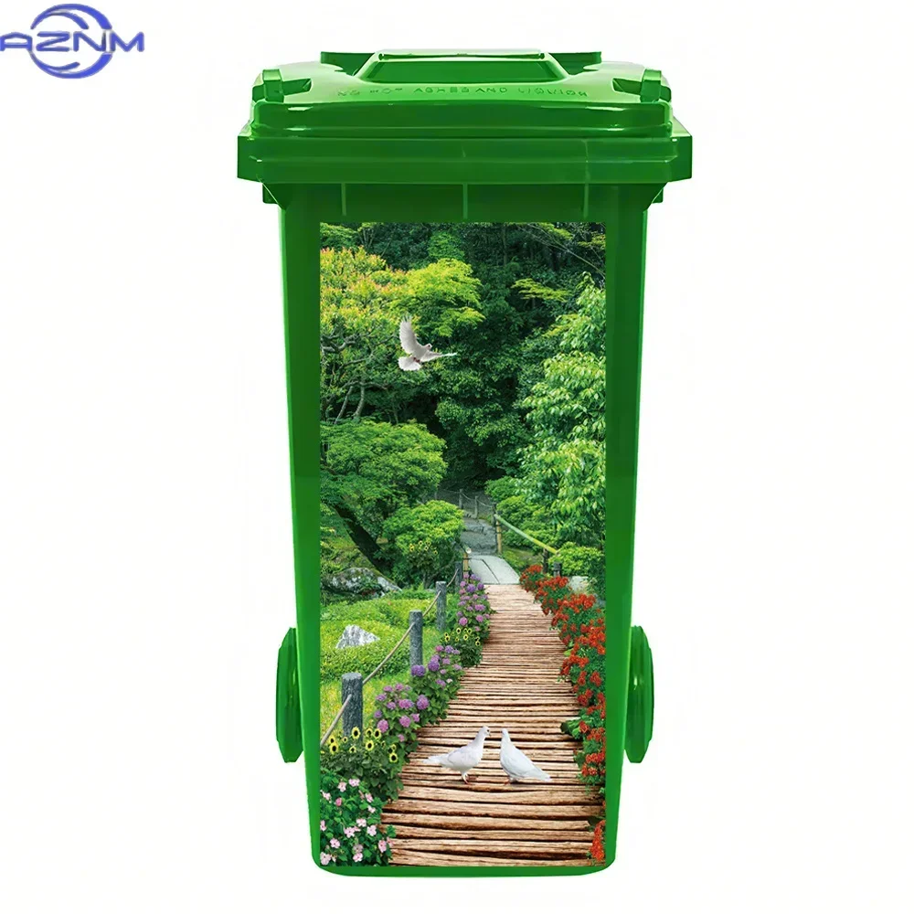 2D 1PC1pc Wooden Pathway with Doves & Flowers Trash Can Sticker - Floral Greenery Design, Waterproof Self-Adhesive Wall Decal