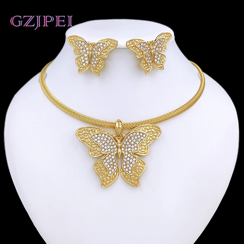 

New Women Necklace And Earrings 2PCS Jewelry Set Butterfly Pendant 18K Gold Plated Trending