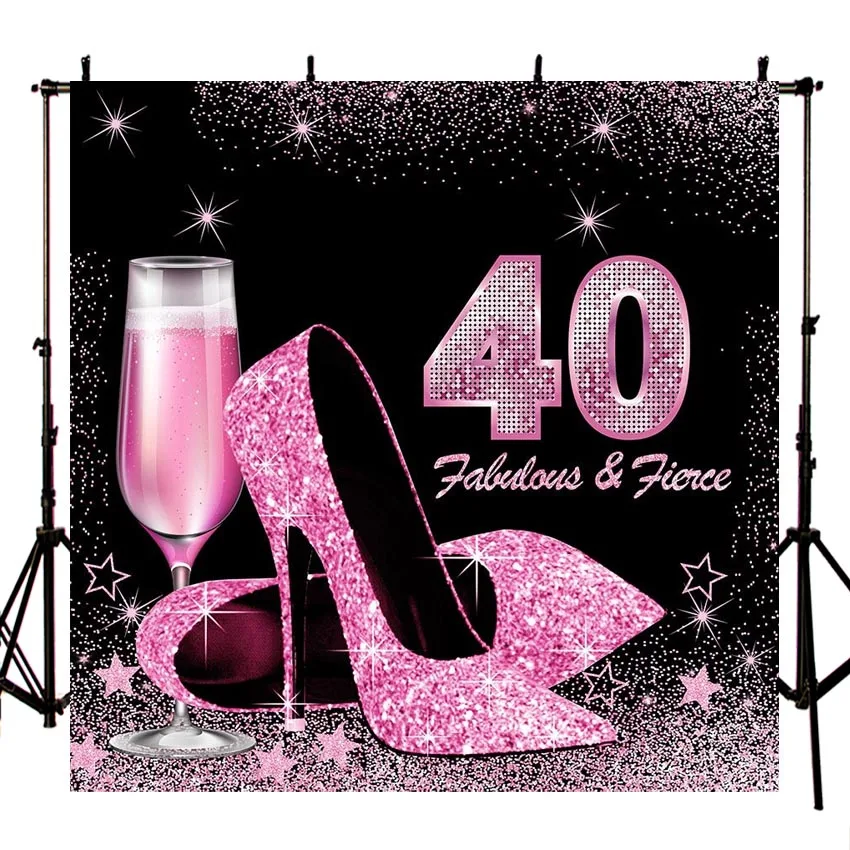 Fondos de fiesta de feliz 40 cumpleaños Mocsicka, tacones altos, globo de vino, fondo fotográfico con purpurina púrpura para estudio fotográfico