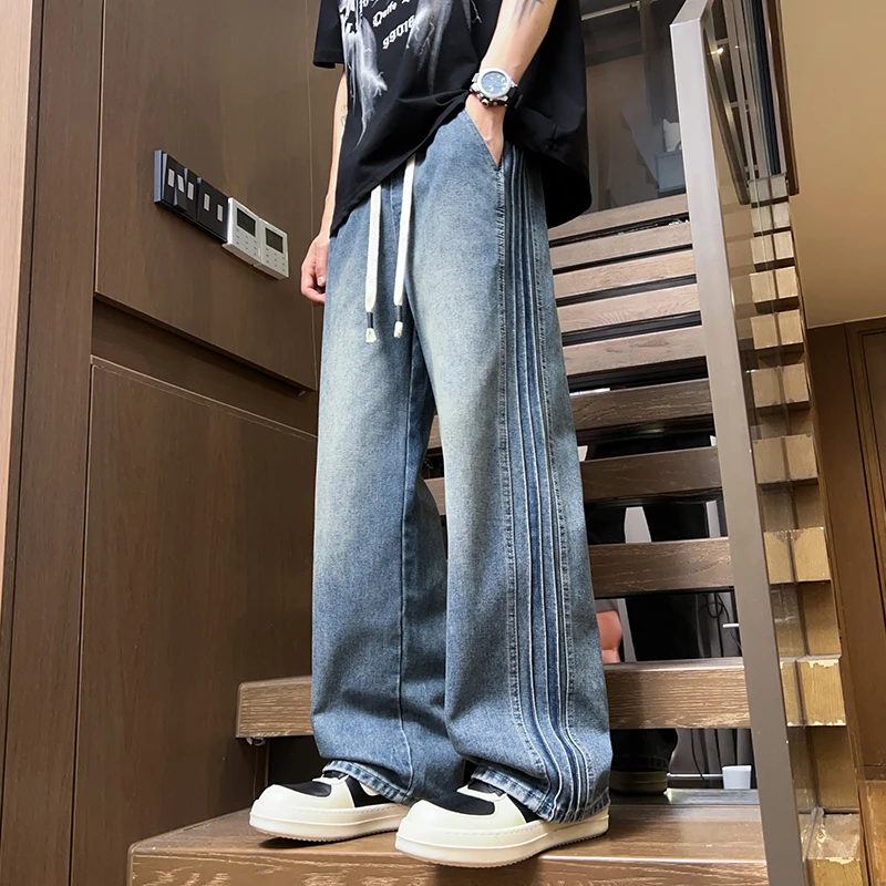 

Striped Pleated Jeans Teen American Loose Straight Drawstring Elastic Waist Wide-leg Long Trousers Spring and Summer Style M-4XL