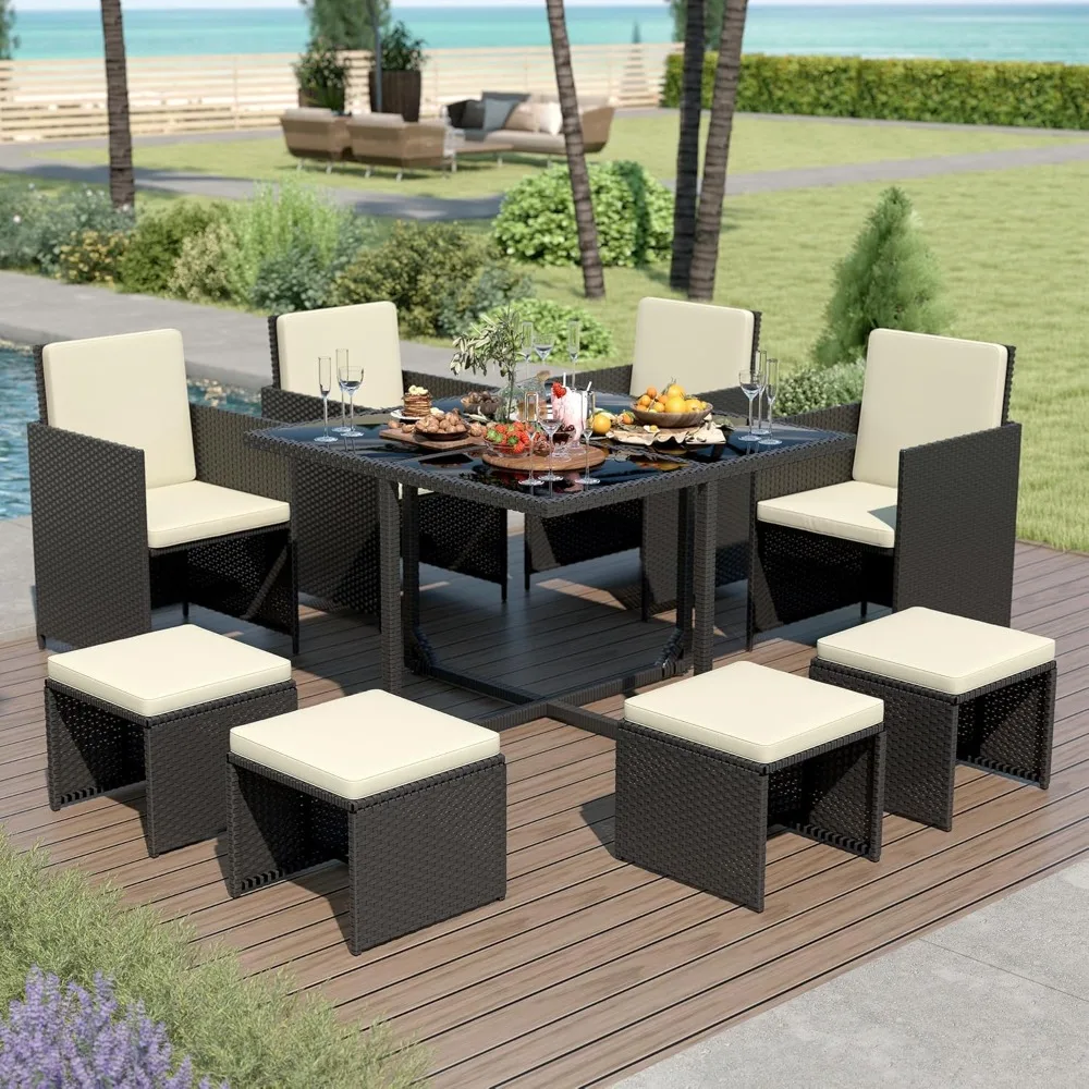 

9 Pieces Patio Dining Furniture Sets, Outdoor Space Saving Rattan Chairs with Glass Table, Wicker Patio Conversation Furniture S