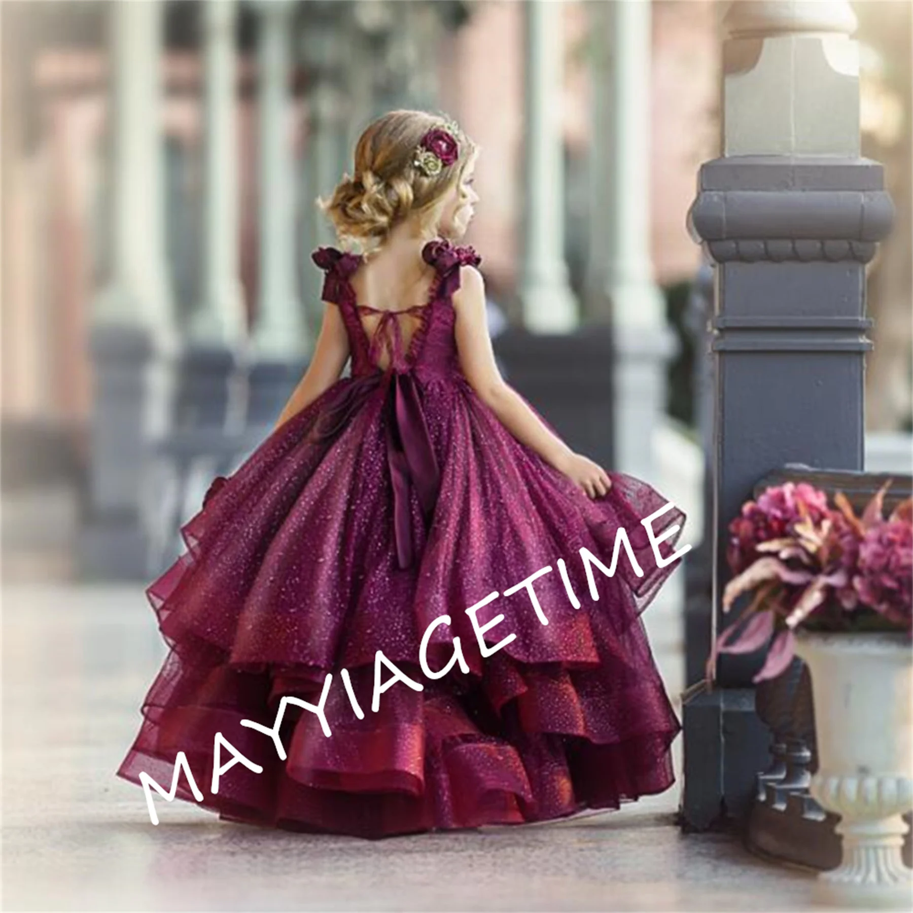 

Fluffy Tulle Lace Beaded Burgundy Flower Decal Flower Girl Dress Wedding Flower Child Birthday Supper Celebration Dress