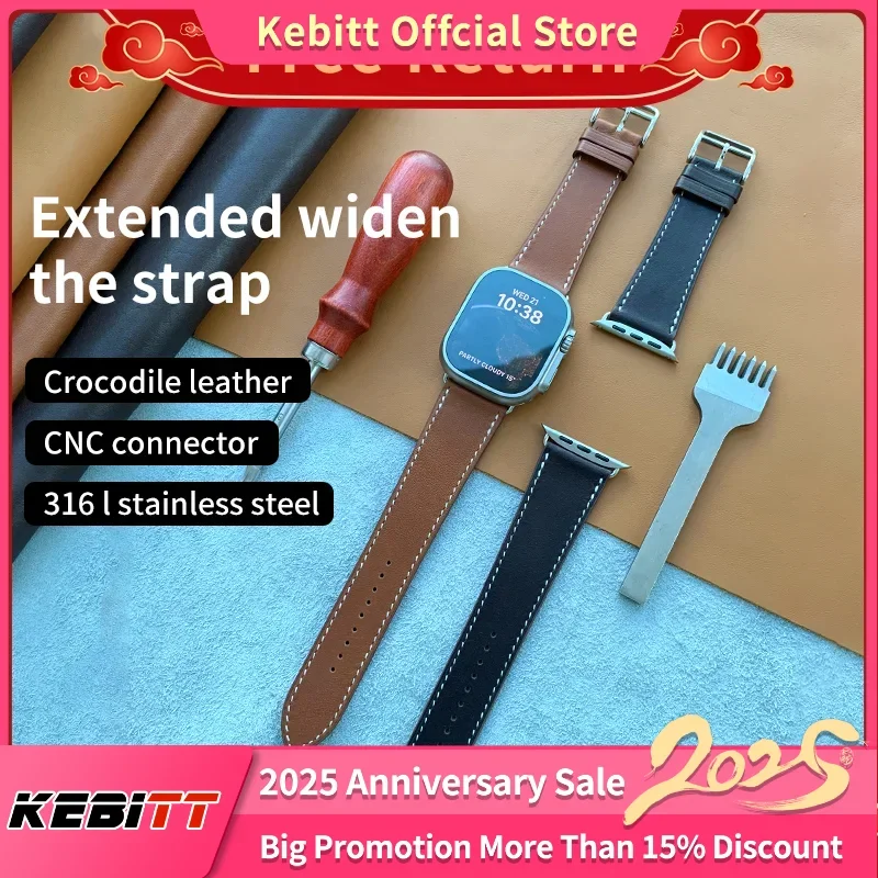 Kebitt Big Wrist Widen Longer Band For Apple Watch Series 10 9 8 7 High Quality Leather Iwatch Ultra 2 Strap 45MM 46mm 49mm