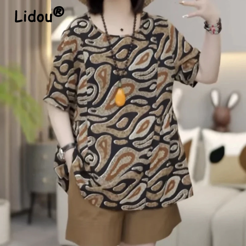 Women Clothing 2024 Summer Korean Fashion Print Oversize Elegant T-shirt Ladies Vintage Casual O Neck Short Sleeve Pullover Tops