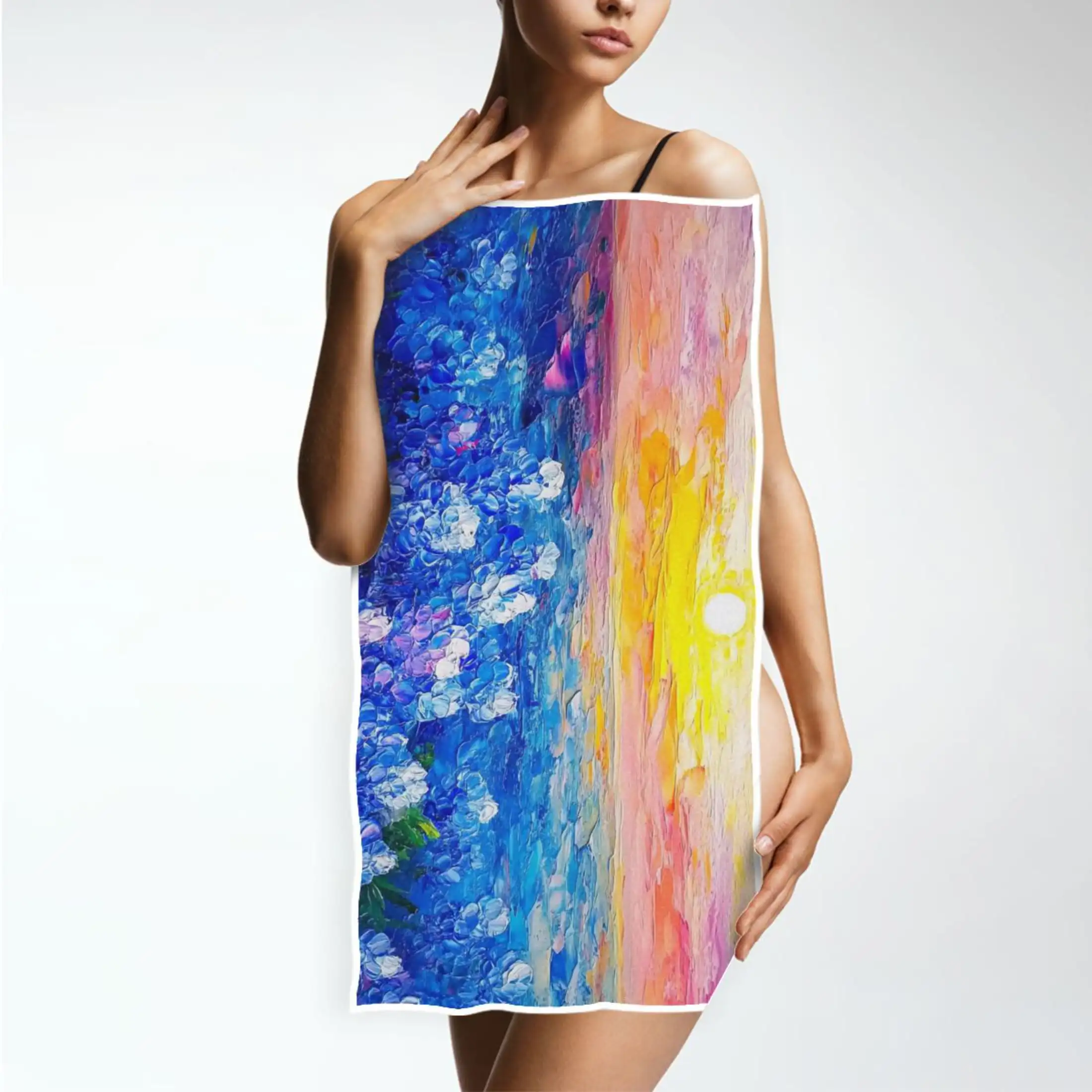 

Abstract Floral Sunset Bath Towel - Soft Absorbent, Perfect for Adults | Vibrant Blue and Yellow Painted Design with Flowers