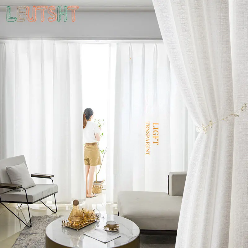 French Curtains for Living dining Room Bedroom Cream Color Window Screen Thickened Linen Balcony Window Screen tulle Custom