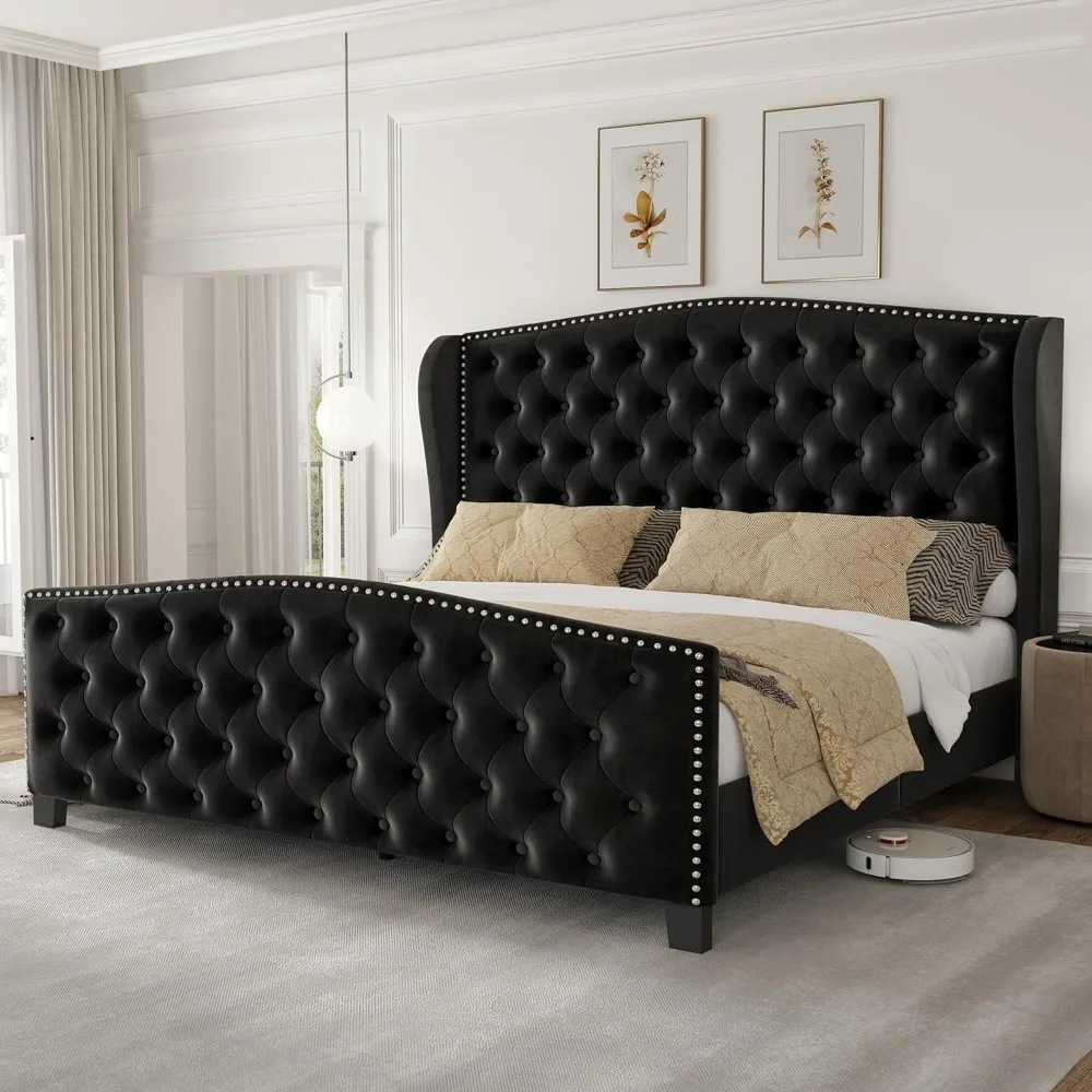 Marco de cama tamaño Queen, plataforma tapizada de terciopelo con cabecero y reposapiés, estructura de cama capitoné con botones profundos y madera