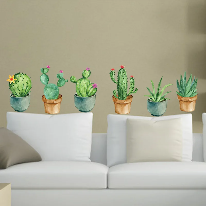 3D DIY Adesivo de Parede para Home Decor, Verde Jardim Planta, Cactus Potted Flower Pot Set, Mural Art, Adesivos Decalques Família, Escadas Do